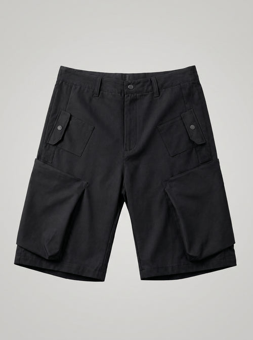 Black cargo shorts on a light gray background