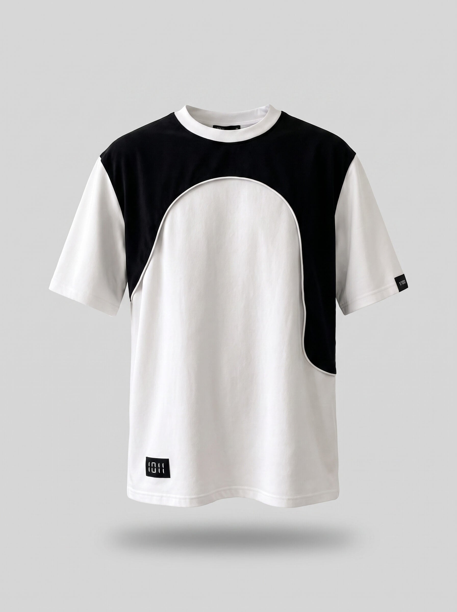 Black and white t-shirt with a brand logo on a gray background